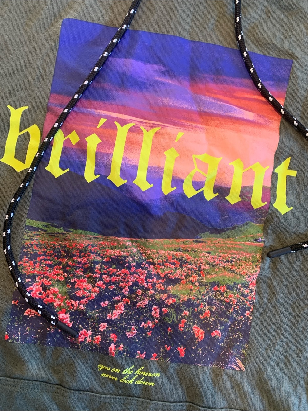 No Boundaries Olive Hoodie with Vibrant Sunset Graphic
